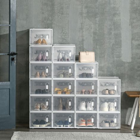 Zapatero modular que ahorra espacio para uso interior con orificios de ventilación, 18 cubos de 28x36x21 cm en plástico PP, blanco y transparente.