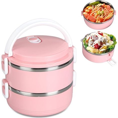 Lunchbox Warmhaltebox große Box für warme Speisen stapelbar runde Lunchbox aus Edelstahl 304 luftdichter Lebensmittelbehälter doppelwandig rosa (1/5)