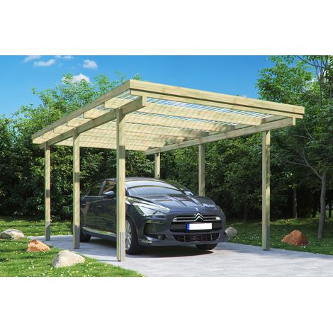 Carport en bois traité 15m² – Toiture PVC ondulé transparent – Hauteur de passage 205 cm – Largeur 259 cm – Montage facile – Eden