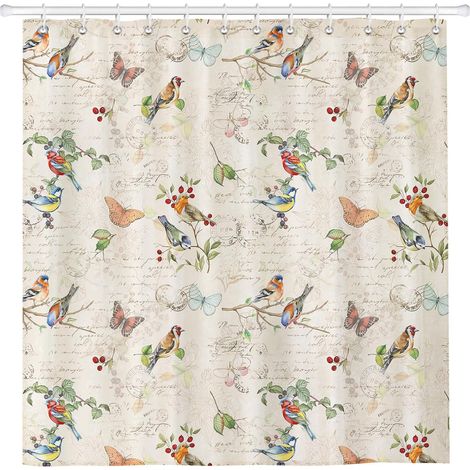 Rideau De Douche, Branche D'Oiseau Rétro Lavable 182x182 cm Polyester Rideau De Bain pour Baignoire, Salle De Bain Cadeau Décor avec œIllets Et 12 Crochets (1/5)