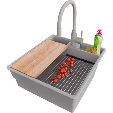 PRIMAGRAN Evier Cuisine en Granit 48x53cm,Lavabo 1 bac + Robinet 38x14cm + Kit de Vidage + Accessoires, Évier à Encastrer au meuble 50cm - New York, Gris (1/5)