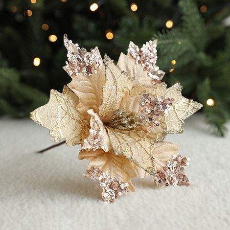 Fleur Artificielle - Poinsettia En Paillettes - 25 x 20 x 20 cm - Or Rose - Décoration De Noël Arbre De Noël Guirlande Mariage Couronne Fêtes - 1 Pièce (1/5)