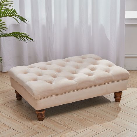 Velvet Buttoned Thick Padded Footstool with Wood Legs, Beige