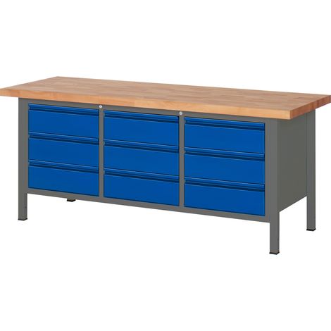 STIER Höhenverstellbare Werkbank Premium mit 9 Schubladen BxTxH 2000x700x840-1040mm anthrazitmetall / RAL 5010