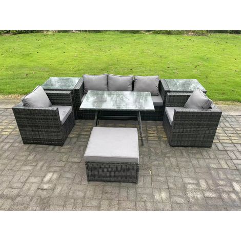 Fimous 6-Sitzer Gartenmöbel Lounge Sofa Set mit Rechteckiger Esstisch 2 Beistelltischen 2 Großer Hockern 2 Sesseln Dunkelgrau Gemischt (1/5)