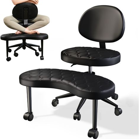 Chaise de bureau Ergonomique à jambes croisées ,Chaise de méditation,dossier pivotant,hauteur réglable avec roulettes,noir,pieds pivotant à 360°,