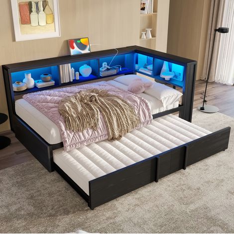 Lit gigogne 90x200 cm avec 5 rangements, tête de lit avec LED et USB, en métal, noir, sans matelas (1/5)
