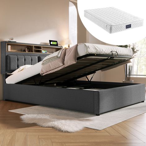 Letto con contenitore in tessuto effetto lino grigio 160x200 cm con testiera regolabile, prese USB/Type-C e materasso incluso (1/5)