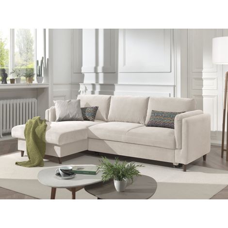 Lisa Design – Canapé d'angle gauche convertible 4 places – Coffre de rangement – Velours 100% polyester – Pieds en bois wengé