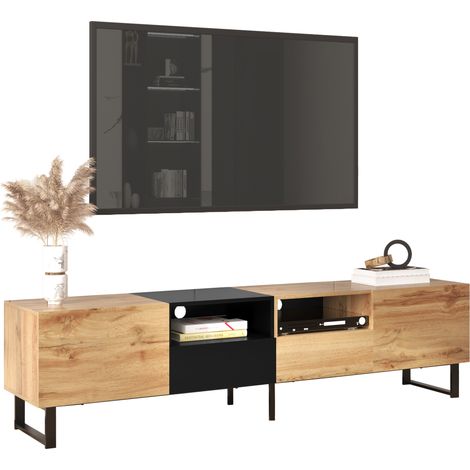 TV-Board mit 2 Türen und 2 Schubladen, Auszüge 30 cm, Modernes Design, Wohnzimmer, 190×38×48 cm, aus MDF, Schwarz Holzfarben (1/5)
