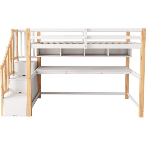 Kinder-Hochbett mit integriertem Schreibtisch und Regalen 90 x 200 cm, weiß und Eiche (1/5)