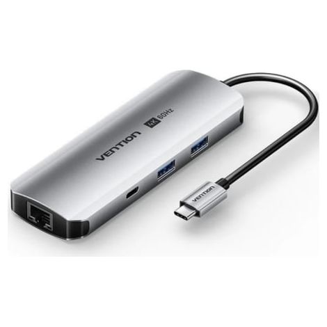 Docking USB Tipo-C Vention TQMHB/ 1xHDMI 4K/ 2xUSB/ 1xUSB Tipo-C/ 1xJack 3.5mm / 1xRJ45/ 1xUSB Tipo-C PD/ 1xLector Tarjetas/ Gris