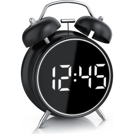 Wecker digital - Retro Design – lauter Glockenalarm - LED Anzeige – Akustiksteuerung – Zeit und Datum – Schlummerfunktion – Batteriebetrieb oder USB - ohne Ticken - schwarz