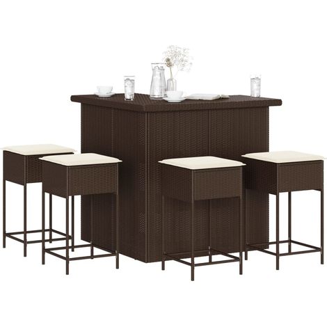 5-tlg. Gartenbar-Set mit Kissen Braun Poly Rattan