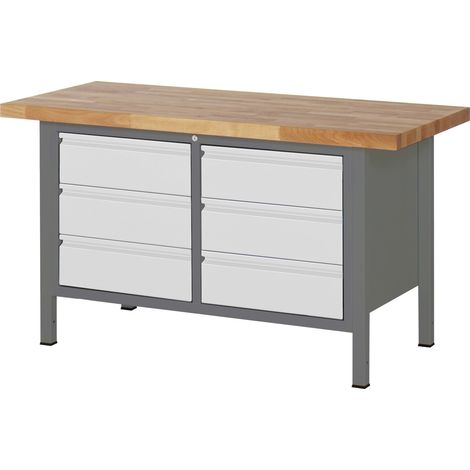 STIER Höhenverstellbare Werkbank Premium, 6 Schubladen, 150x70x84-104cm, Stahl und Buche (1/5)