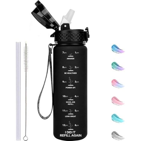 Bouteille d'eau enfant 500ml avec paille, marquages horaires, sans BPA, étanche, noire (1/5)