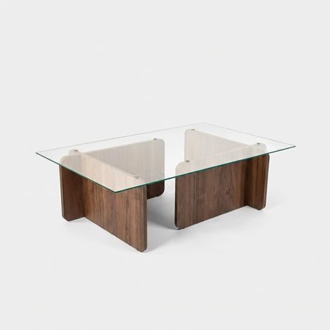 Mesa de centro rectangular nido de cristal fijo en madera de nogal de 105 x 65 x 30 cm para salón u oficina (1/5)