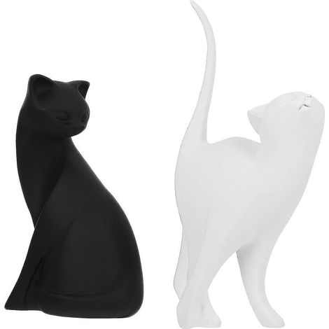 Estatua de gato de resina, escultura de gato para decoración del hogar y la oficina, adorno artesanal de resina (2 piezas, blanco y negro) (1/5)