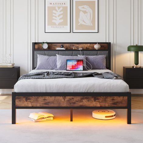 Lit 140x200 cm - Lit double 140x200 - Cadre de lit en métal et bois avec tête de lit de rangement, USB et LED - Marron Antique (1/5)