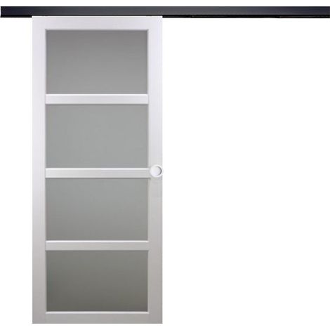 Porte Coulissante Tana Blanc Vitrée H204 X L73 Cm, Rail Alu Bandeau Noir, Coquilles Blanc Gd Menuiseries