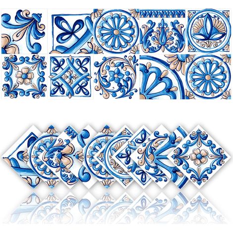 20 Pcs Carrelage Autocollants Cuisine et Salle De Bains Étanche Pvc Décoration Murale Stickers Auto-Adhésif Mosaïque Décoration Rétro Style Architectural (20x20cm,Bleu) (1/5)