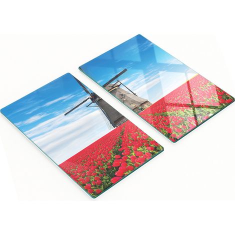 Tableros de vidrio elegantes y duraderos con estampado de molino de viento de tulipanes, 2x30x52 cm.