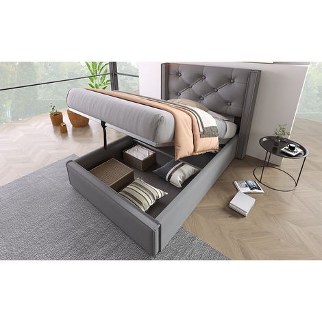 Cama 90x200 cm de algodón y metal, gris, con almacenaje, sin colchón, ahorra espacio – MEUBLIV (1/5)