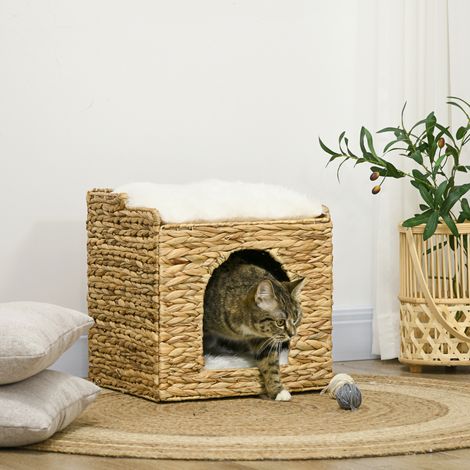 Niche pour chat 2 niveaux avec 2 coussins en jacinthe d'eau - taille 37,5 x 37,5 x 41,5 cm, teinte marron et crème (1/5)