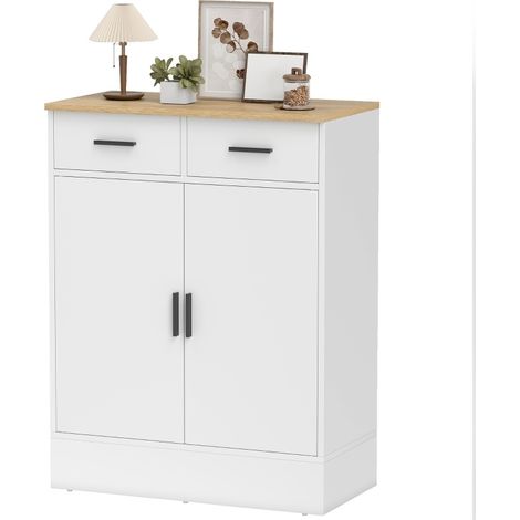 Buffet de rangement compact avec 2 tiroirs, étagère réglable 3 niveaux, blanc et bois clair, pour cuisine, salon, entrée et couloir, gain de place  CHICFURN (1/5)