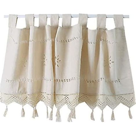 Rideau court vintage en coton et lin avec franges, dentelle crochetée pour café bistro cuisine, style rustique, beige, hauteur 45 largeur 145 cm, lot de 1 (1/5)