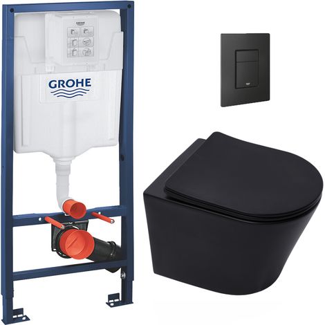 Grohe Bastidor de soporte Rapid SL + Inodoro Infinitio sin brida negro mate + Asiento Softclose + Placa negro mate