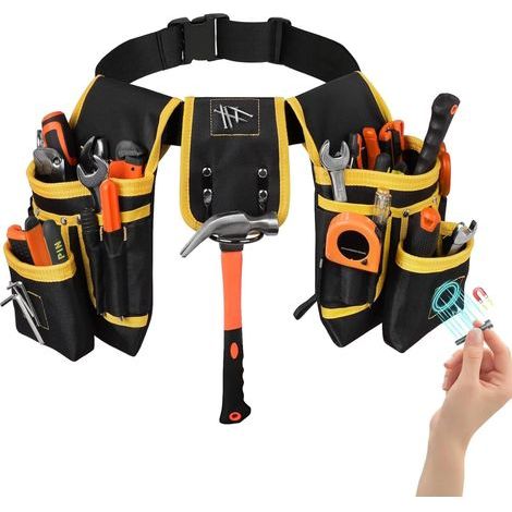 Ceinture porte-outils 26 poches, 1 porte-marteau magnétique amovible et réglable, idéale pour perceuses, cloueuses, vitriers, électriciens et charpentiers - Jaune (1/5)
