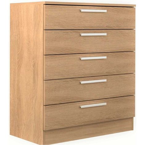 Home Heavenly®- Cómoda de 5 cajones CUBE, de madera aglomerada, sistema de apertura con bisagras, tiradores rectos acabado mate Color: Roble (1/4)