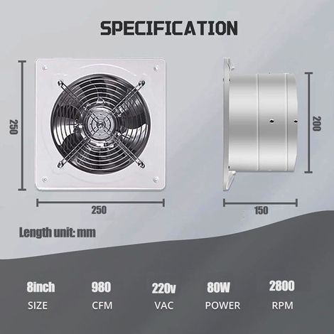 Ventilateur d'échappement de 8 pouces, ventilateur mural, ventilateur de ventilation pour ventilateur de sous - sol de fenêtre de grenier de salle de bains de plafond, 220V 80W