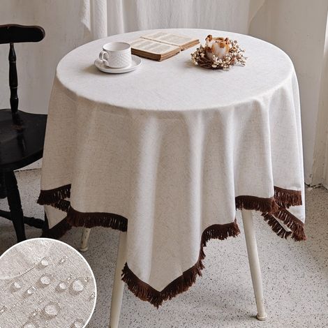 Ede Blanc uni, 100 x 140 cm Nappe en lin polyester, style lin et coton imperméable, couleur unie, décoration de table basse, nappe pour table à thé. (1/4)