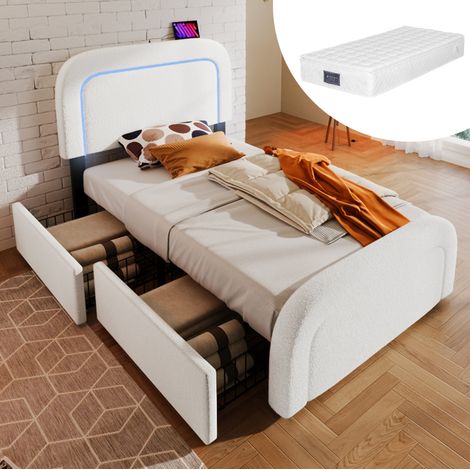 FLORAGRACE Lit capitonné 90x200 cm en tissu blanc avec matelas, avec LED, USB Type-C, 2 tiroirs, tête de lit réglable (1/5)