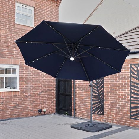 Dark Blue Alu/steel 3.0M Parasol with LED Lights and Parasol Base Set (1/5)