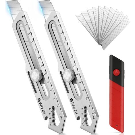 Lot de 2 couteaux multifonction rétractables en acier inoxydable, 10 lames remplaçables (18 mm), couteau rasoir étendu pour bureau et maison (1/5)