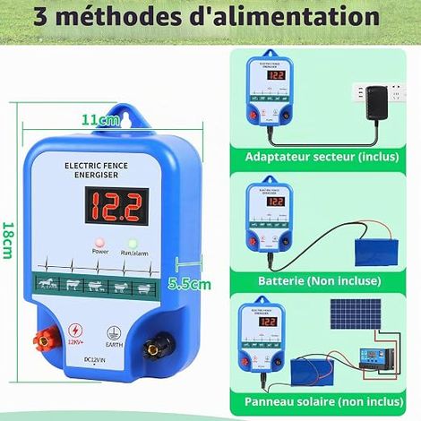 Electrificateur Cloture Electrique 12V Cloture Electrique pour Animaux avec Affichage LED, Portée 10 km 1,5-2J pour ÉLevage D'Animaux Cheval Vache Moutons, Ferme Jardin Pâturage,Bleu (1/4)
