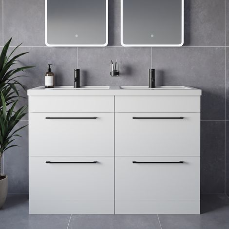 Napoli 390 Gloss White 1200mm 4 Drawer Vanity Unit with Double Lucia Basins - 1200mm - Matt Black 320mm Handle