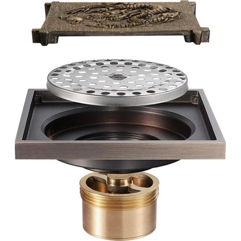 Siphon de Sol Antique Laiton avec Filtre Amovible pour Douche, Toilette, Salle de Bain et Cuisine - 10x10 cm
