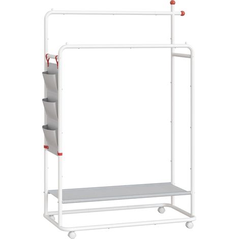 Porte-manteau en métal avec roulettes – 2 barres de suspension – Étagère de rangement – Crochets pour chapeaux et sacs – Blanc mat (1/5)