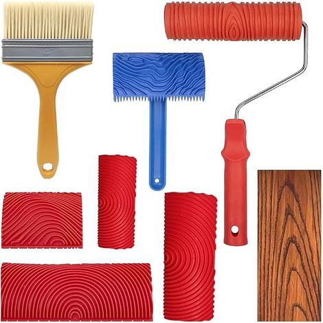 Ensemble D'Outils à Grain de Bois 8 Pièces, Outil de Peinture de Texture de Bois, Rouleau de Peinture à Motif de Bois en Caoutchouc pour Décoration Artistique de Salle Murale (1/5)