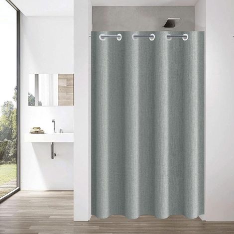 1 Rideau de douche, 6 œillets intégrés, tissu polyester imperméable, aspect lin lourd gris, pour salle de bain