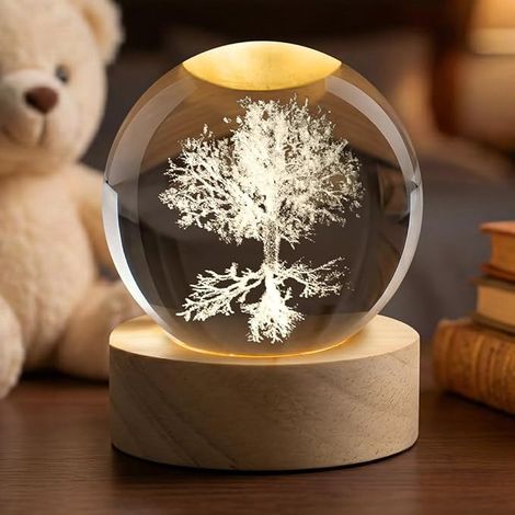 Boule de cristal 3D Arbre de Vie boule décorative en verre avec socle en bois et lumière interface USB avec interrupteur ornement pour la décoration intérieure (1/5)