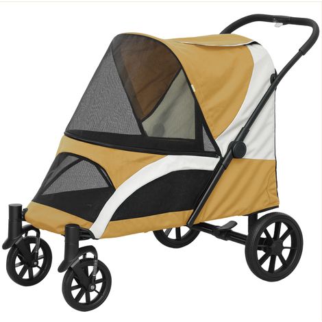 Poussette pliante pour chien gros calibre 4 roues laisses sécurité freins marron