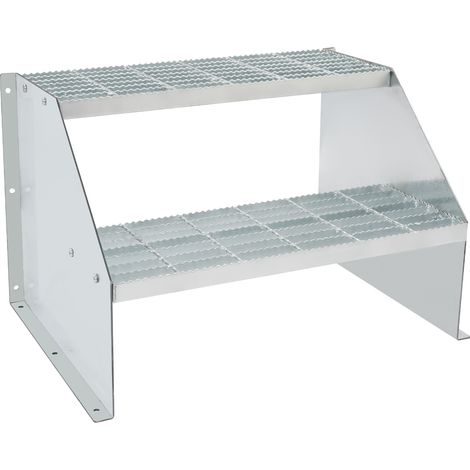 Premium Caillebotis Acier Escalier à Limon 2 Marches Autoportant Entièrement galvanisé - Dimensions 48cm x 42cm Résistant aux intempéries et protégé Contre la Corrosion - 200kg - Argenté (1/5)