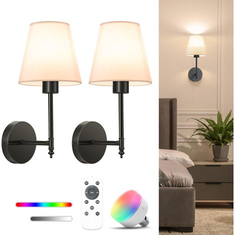 Confezione da 2 applique da parete a batteria da 14,5 pollici, luci da parete nere ricaricabili con lampadine dimmerabili da 5200 mAh e telecomando, luci da parete wireless a 9 colori per camera da le
