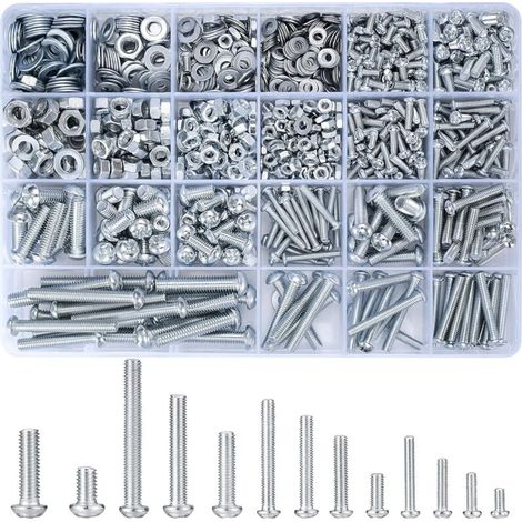 1080pcs M3 M4 M5 M6 Jeu de vis filetées avec écrous hexagonaux et rondelles, vis à tête ronde, vis cruciformes, kit d'assortiment de vis mécaniques (1/5)