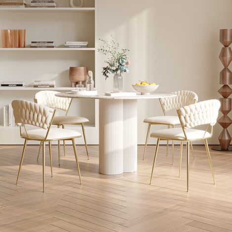 Set di 2 sedie in velluto, schienale intrecciato, gambe in metallo dorato, schienale rotondo intrecciato, stile scandinavo - Poltrone da soggiorno e cucina - Beige (1/5)